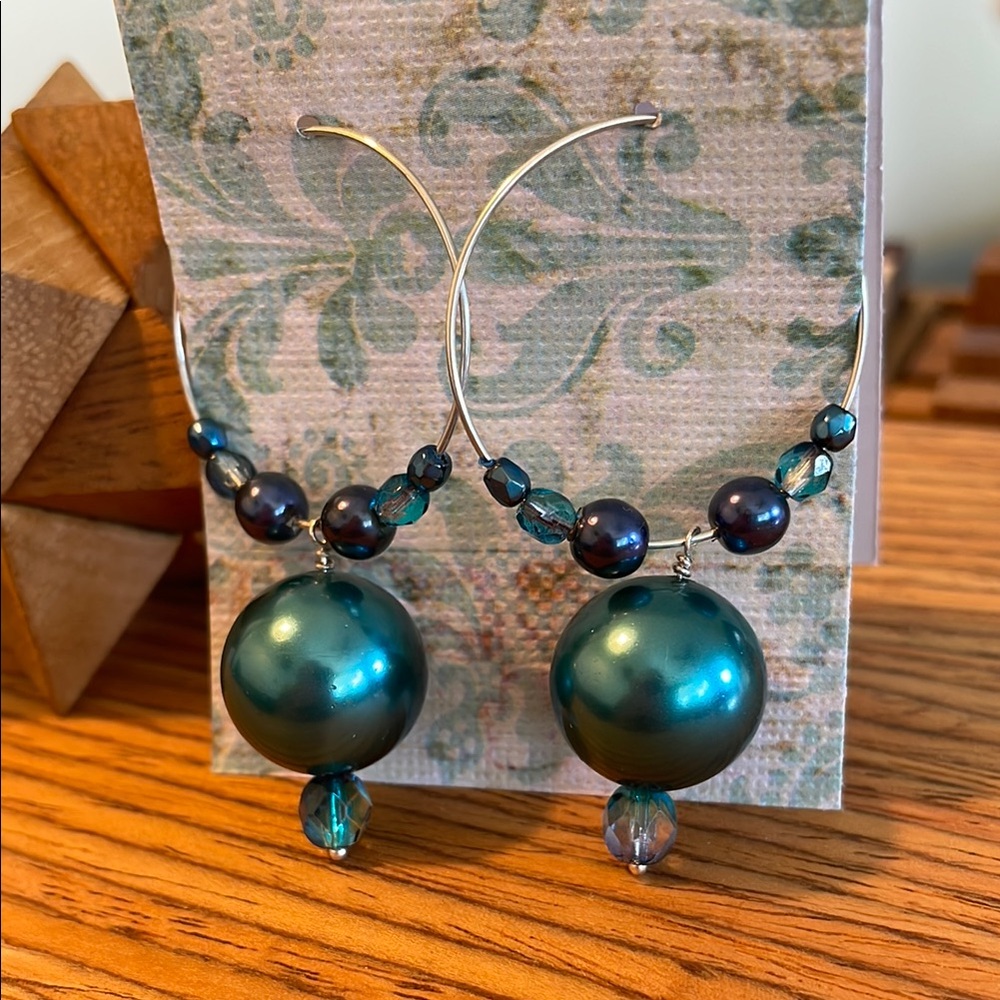 Blue Faux Pearl and Fire Polished Bead Hoop Earrings